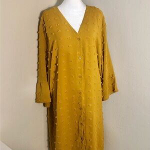 Mustard Yellow Boho Midi Dress Tunic Bell 3/4 Sleeve V Neck Dot Button SZ XXL